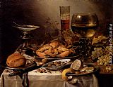 Banquet Still Life With A Crab On A Silver Platter, A Bunch Of Grapes, A Bowl Of Olives, And A Peeled Lemon All Resting On A Draped Table by Pieter Claesz